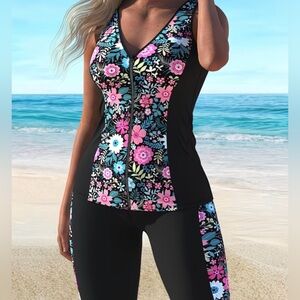 NWOT Plus Sz 1X Tankini SET Zip Tank Top & Shorts Swim Duo Graphic Print Sporty